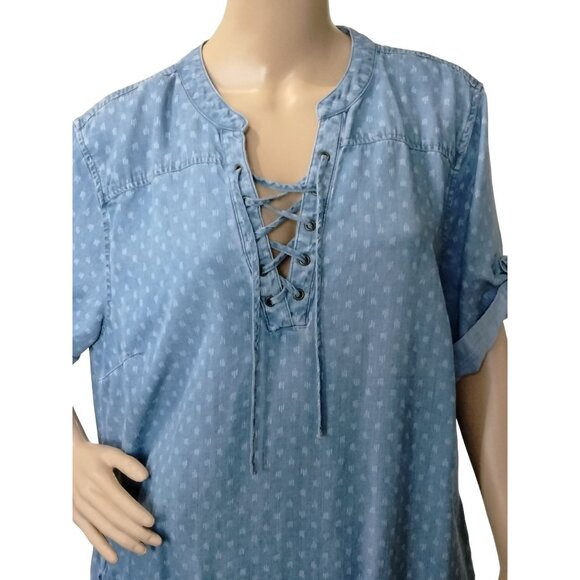Philosophy Blue Denim Lace-Up Polka Dot Tunic Dress With Rolled Sleeves Size XXL - Picture 3 of 7